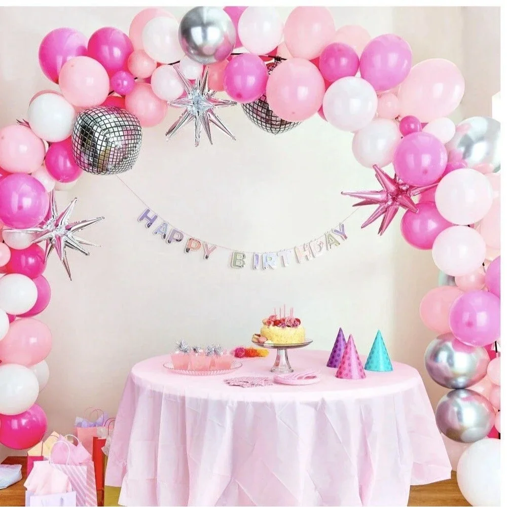 Pink/Silver/White Disco Balloon Arch Garland 131 Pieces Starburst Foil Party NEW
